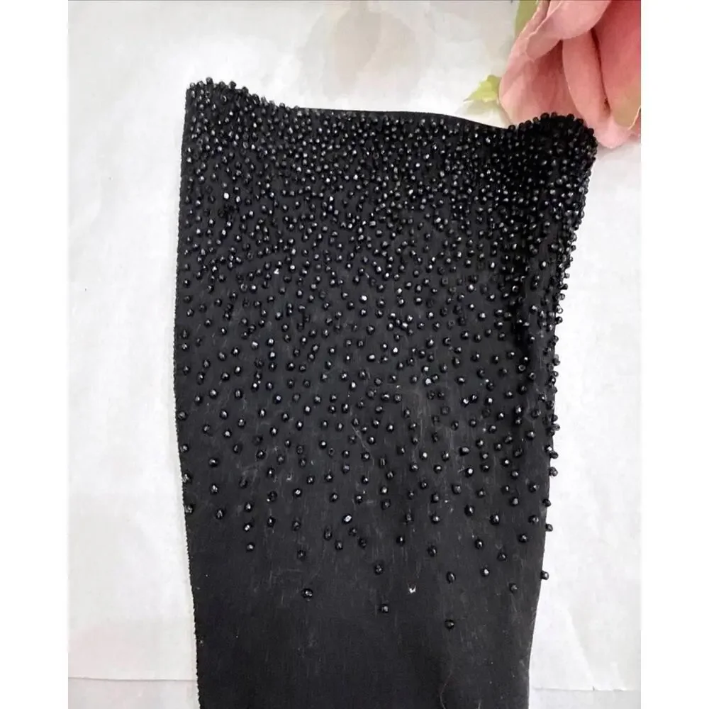 Vintage Black Leather Gloves Womens 6.5 Black Long Opera Glass Beaded Fancy